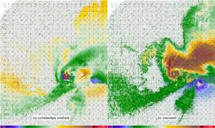 Een observatie met een mobiele radar van een onweersbui in de Verenigde Staten waarin een tornado zich vormt, te zien aan de rotaties die zich aan de onderkant van de storm bevinden. 