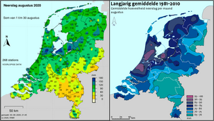 Figuur 1. De totale neerslaghoeveelheden in de afgelopen augustus (links) en de langjarige gemiddelde hoeveelheid neerslag in de maand augustus (rechts). ©KNMI