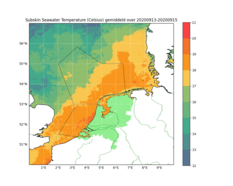Kaartje drie-daags gemiddelde zeewatertemperatuur Noordzee en binnenwateren Nederland (met afbakening luchtruim dat KNMI monitort). 