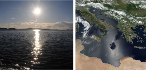 Foto van spiegelingen van zonlicht boven zee. Beeld van zonlichtspiegelingen zoals gezien in satellietdata van het VIIRS satellietinstrument op 2 juli 2018.