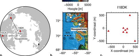 De landverschuiving van juni 2017 nabij Nuugaatsiaq is geobserveerd op infrageluidstations in Groenland (I18DK), Canada (I10CA) en Alaska (I53US). Opbouw van het infrageluid array in Qaanaaq, Groenland. 