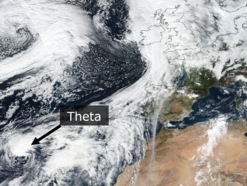 Satellietbeeld van West-Europa op 12 november met tropische storm Theta linksonder op het kaartje.