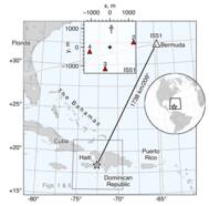kaart met de locatie van de 2010 aardbeving op de Haiti en IMS infrageluid station IS51 op Bermuda. IS51 bestaat uit vier microbarometers