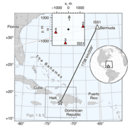 kaart met de locatie van de 2010 aardbeving op de Haiti en IMS infrageluid station IS51 op Bermuda. IS51 bestaat uit vier microbarometers