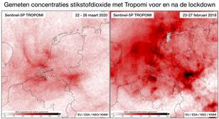 Gemeten hoeveelheid stikstofdioxide in de atmosfeer gemeten met Tropomi voor en na de lockdown