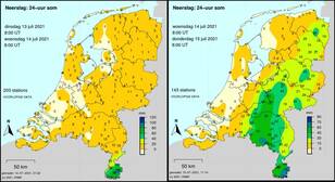 kaart met neerslaghoeveelheden op 13 en 14 juli 2021