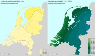 Gemiddelde maximum- en minimumtemperatuur in de herfst in Nederland