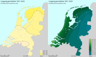 Gemiddelde maximum- en minimumtemperatuur in de herfst in Nederland