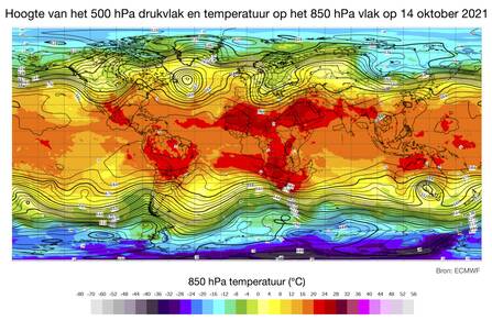 Hoogte van het 500 hPa drukvlak en temperatuur op het 850 hPa vlak op 14 oktober 2021