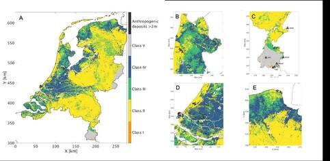 opslingerkaart voor aardbevingen in Nederland, waarin elke klasse een mate van opslingering bij een lokale aardbeving aangeeft