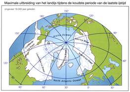 Maximale ijsuitbreiding tijdens de koudste periode van de laatste ijstijd (zo’n 18.000 jaar geleden).