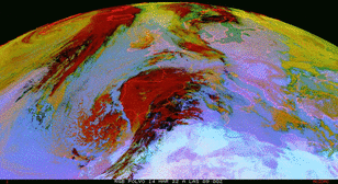 Satelliet opnames (Meteosat 11) van saharazand dat tussen 14 en 16 maart naar ons land waaide, hier zichtbaar als magenta kleuren.
