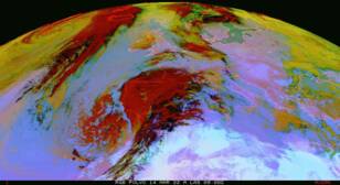 Satelliet opnames (Meteosat 11) van saharazand dat tussen 14 en 16 maart naar ons land waaide, hier zichtbaar als magenta kleuren.
