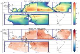 Windsnelheid die gemiddeld 1-in-100 jaar voorkomt in toekomstig klimaat (2015-2050, hoge emissies). (b) Verschil tussen toekomstig klimaat en huidig klimaat (1980-2017). 