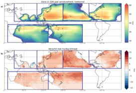 Windsnelheid die gemiddeld 1-in-100 jaar voorkomt in toekomstig klimaat (2015-2050, hoge emissies). (b) Verschil tussen toekomstig klimaat en huidig klimaat (1980-2017). 