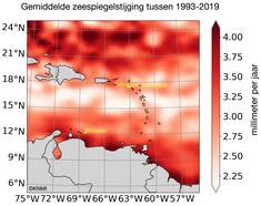 Satellietmetingen van zeespiegelstijging in de Cariben over de periode 1993-2019.
