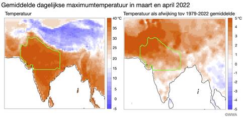 Kaart van dagelijkse maximumtemperatuur in maart en april in India en Pakistan met waardes ruim boven 38 graden.