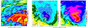 KNMI HARMONIE weermodelberekeningen rondom de ABC-eilanden van totale 48-uurs neerslag, wind en windstoten donderdag op 30 juni om 03:00 UTC (woensdag 29 juni 21:00 lokale tijd).