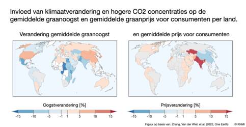 Wereldkaart met per land in kleur de invloed van twee graden opwarming op de gemiddelde graanoogst en op de gemiddelde graanprijs.