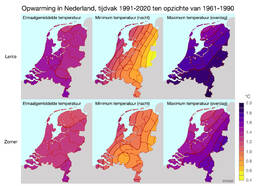 kaarten van nederland met de toename tussen 1961-1990 en 1991-2020 in de lente en de zomer van de etmaalgemiddelde temperatuur, de minimumtemperatuur (nacht) en de maximumtemperatuur (overdag)