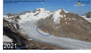 Webcam opname van de Oostenrijkse gletsjer Hintereisferner in 2021 en 2022