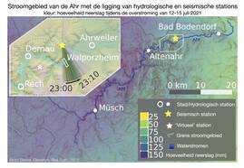 Het Ahrdal en de locatie van de seismometer (gele ster) en waterpeil meters (witte bolletjes).