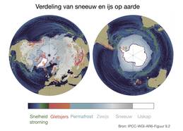 Kaarten van de ligging van gletsjers en ijskappen op het noordelijk en zuidelijk halfrond