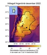 Kaart van Argentinië met in kleur de gemiddelde maximumtemperatuur in de week van 7 tot 14 december 2022