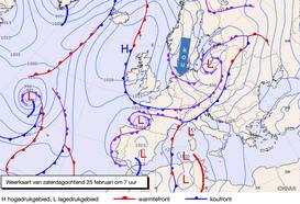 Weerkaart van zaterdagochtend 25 februari om 7 uur