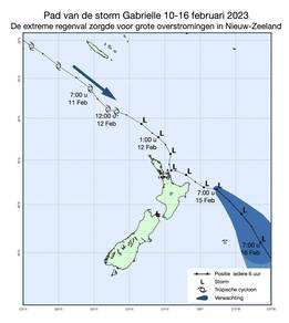 Kaart met het pad van de storm Gabrielle tussen 10 en 16 februari 2023
