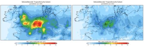 Figuur 1: de gemiddelde stikstofdioxide kolomconcentratie in de onderste 2 kilometer gemeten door OMI in het jaar 2005 (links) en (2022).