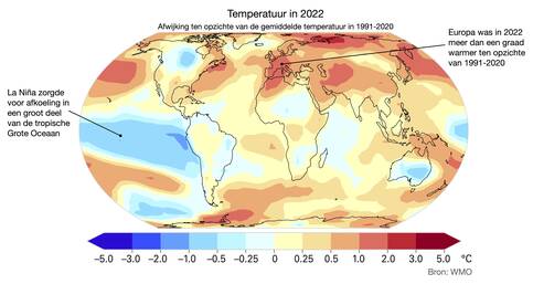 Kaart van de temperatuur in 2022 als afwijking van het gemiddelde over 1991-2020. 