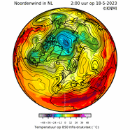 Animatie van de wind op het 500 hPa drukvlak (op ongeveer 5 kilometer hoogte) en de temperatuur op 850 hPa (op ongeveer 1,5 kilometer hoogte). De wind waait langs de contourlijnen en harder naarmate de lijnen dichter op elkaar zitten.