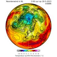 Animatie van de wind op het 500 hPa drukvlak (op ongeveer 5 kilometer hoogte) en de temperatuur op 850 hPa (op ongeveer 1,5 kilometer hoogte). De wind waait langs de contourlijnen en harder naarmate de lijnen dichter op elkaar zitten.
