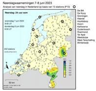 Kaart van Nederland met de hoeveelheid gemeten neerslag op de neerslagstations van het vrijwilligersnetwerk tussen 7 en 8 juni om 6 uur 's-ochtends.