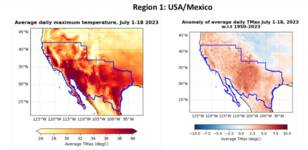 Maximumtemperaturen in juli gemiddeld over de lengte van de hittegolven die voor deze studie zijn gedefinieerd (linkerzijde) en dezelfde maar dan uitgedrukt in anomalieën ten opzichte van 1950-2023 (rechterzijde). USA/Mexico 