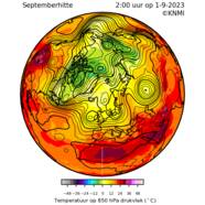 Animatie van kaarten met temperatuur op 850 hPa drukvlak in kleur in in contouren de hoogte van het 500 hPa drukvlak in september 2023. De wind waait langs de hoogtelijnen, en harder waar hoogtelijnen dichtbij elkaar liggen.