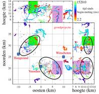 grafiek met LOFAR-analyse van bliksemontladingen tijdens een storm op 18 juni 2021. De bliksemontladingen vinden binnen 1,5 seconden plaats en zijn zichtbaar als gekleurde structuren, waarbij kleur de tijd aangeeft sinds het begin van de meting. De sparkl