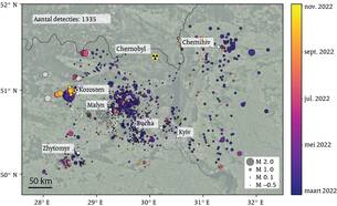 kaart met Locaties van seismische detecties (cirkels) tussen maart-november 2022