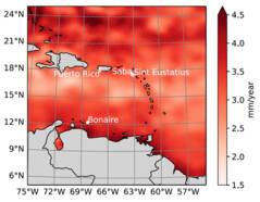 Kaart van de zeespiegelstijging in de Caribische zee in mm/jaar tussen 1993 en 2021.