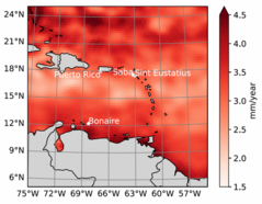 Kaart van de zeespiegelstijging in de Caribische zee in mm/jaar tussen 1993 en 2021.