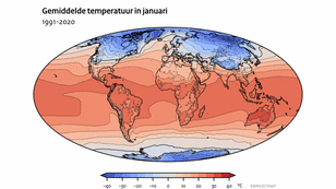 Animatie van de gemiddelde temperatuur per maand in de periode 1991-2020 geplot op een wereldkaart
