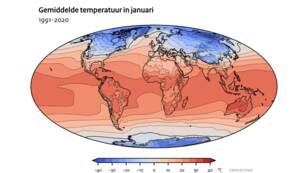 Animatie van de gemiddelde temperatuur per maand in de periode 1991-2020 geplot op een wereldkaart