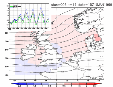 animatie van luchtdruk in contourlijnen en wateropzet in kleur op een kaartje van Europa voor een storm uit het weermodel