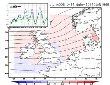 animatie van luchtdruk in contourlijnen en wateropzet in kleur op een kaartje van Europa voor een storm uit het weermodel