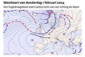 Weerkaart van 1 februari 2024. Een hogedrukgebied voert zachte lucht aan vanuit het zuiden en westen. 