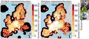 kaarten met de kortste afstand voor elk vak van het Europese radarbeeld tot de dichtstbijzijnde regenmeter voor een netwerk van officiële regenmeters (links) en een netwerk van amateurweerstations (midden) en foto van de verschillende regenmeters
