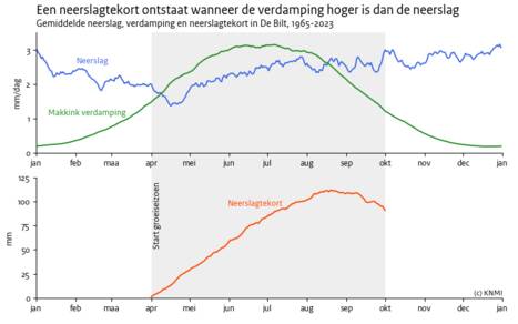 Lijngrafiek voor iedere dag in het jaar de gemiddelde neerslag, referentieverdam[ing en het neerslagtekort voor de periode 1965-2023.