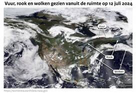 Satellietbeeld van brandhaarden, rook en wolken op 12 juli 2024 boven Noord-Amerika. 