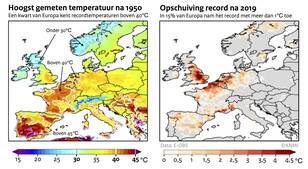 Kaart met hoogst gemeten temperatuur in Europa sinds 1950 en een kaart van Europa met de toename na 2019 in hoogst gemeten temperatuur.